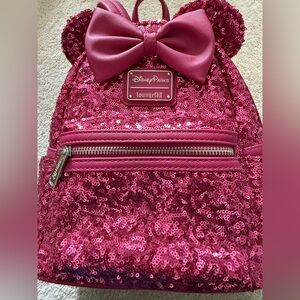 2022 Disney Parks Loungefly Sequins Hot Pink Orchid Minnie Mouse Mini Backpack